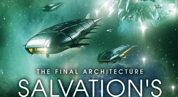 Cover art for Salvation's Child by Steve Stone featuring a dark sci-fi landscape