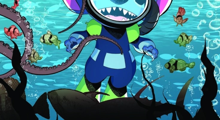 Cover art for Lilo & Stitch: 626 #7 featuring Stitch diving with stingrays