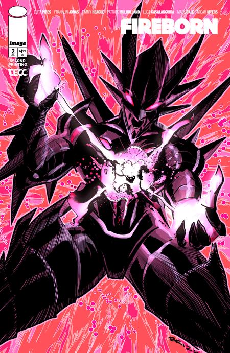 Second printing cover art for Fireborn #2 from Image Comics by Briane Andan featuring a dark armored figure bursting through electric pink energy.