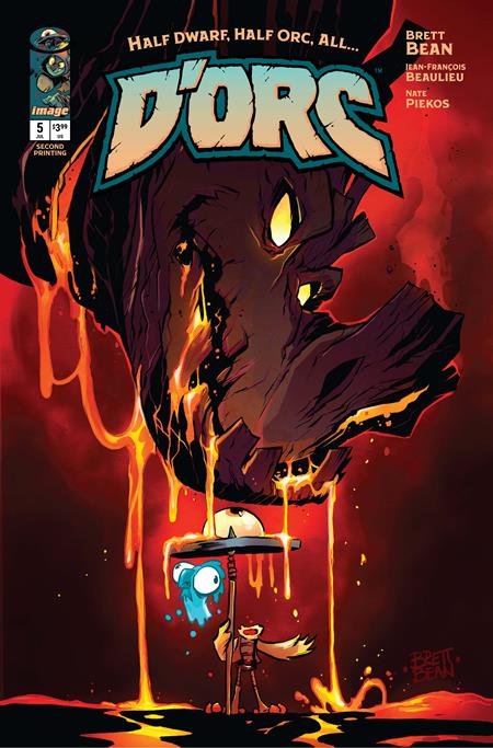 Cover art for D’orc #5 Second Printing from Image Comics by Brett Bean featuring D’orc facing a massive fiery dragon-like creature.