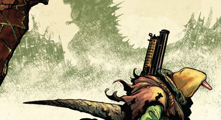 Cover art for Godzilla: Escape the Deadzone [Kai-Sei Era] from IDW Publishing featuring the Wanderer traveling through the mysterious Deadzone.