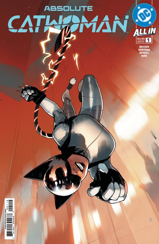 Official second printing cover art for DC's Absolute Catwoman #1 by Bengal featuring Selina Kyle diving down a skyscraper.