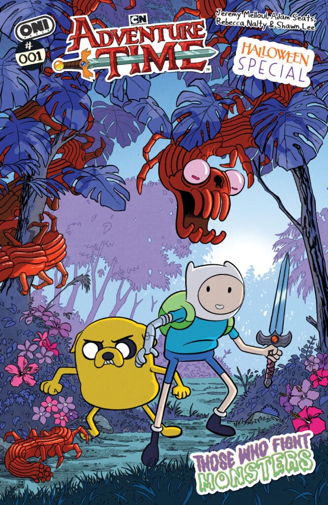 Adventure Time: Halloween Special #1 cover from Oni Press featuring Finn and Jake surrounded by spooky monsters in the Land of Ooo.