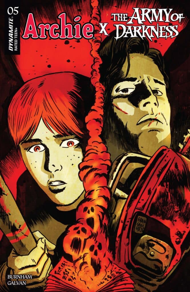 Cover art for Archie x The Army of Darkness #5 from Dynamite Entertainment featuring Archie and Ash facing Deadite horror in the crossover finale