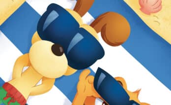 Official main cover art for Baby Garfield #3 by Agnes Garbowska featuring Baby Garfield and Odie wearing sunglasses on a beach towel.