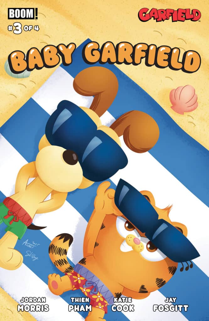 Official main cover art for Baby Garfield #3 by Agnes Garbowska featuring Baby Garfield and Odie wearing sunglasses on a beach towel.
