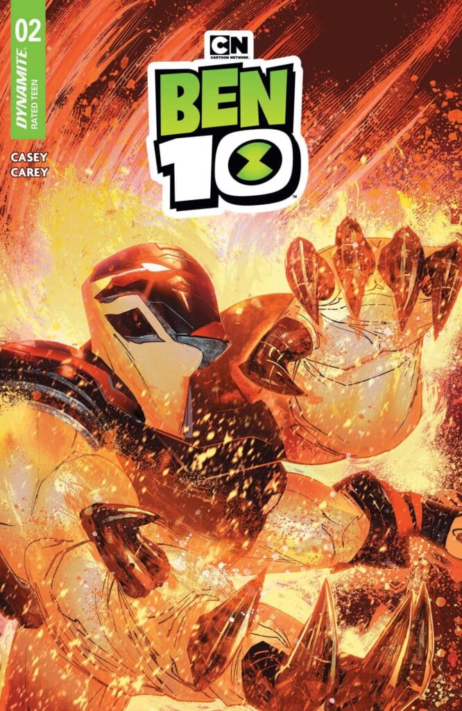 Cover art for Ben 10 #2 from Dynamite Entertainment featuring a fiery alien transformation charging forward under the Ben 10 logo