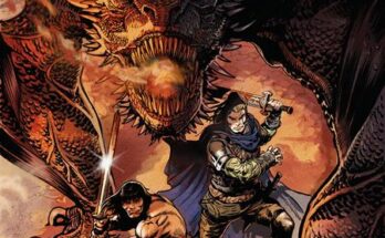 Cover art for Conan & Dragonero #2 featuring Conan and Ian Aranill fighting a dragon