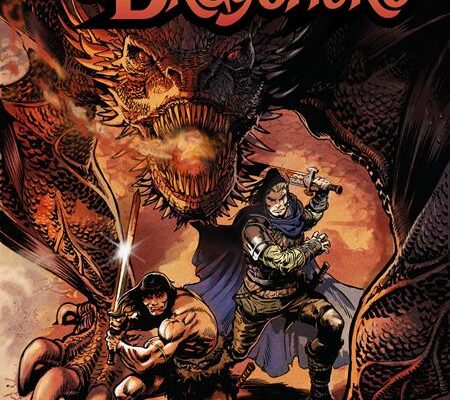 Cover art for Conan & Dragonero #2 featuring Conan and Ian Aranill fighting a dragon
