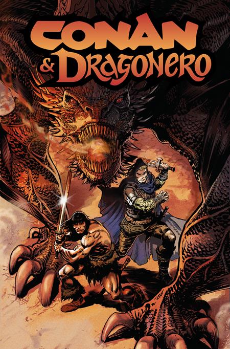 Cover art for Conan & Dragonero #2 featuring Conan and Ian Aranill fighting a dragon