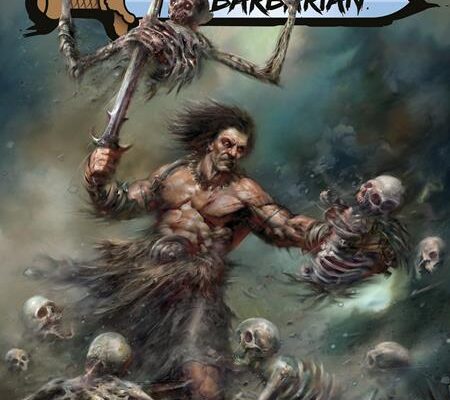 Cover art for Conan the Barbarian #32 from Titan Comics by Nick Percival featuring Conan surrounded by skulls and skeletal enemies.