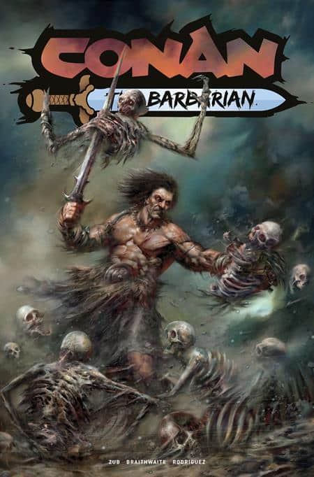 Cover art for Conan the Barbarian #32 from Titan Comics by Nick Percival featuring Conan surrounded by skulls and skeletal enemies.