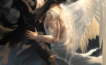 Cover art for Covenant Vol. 6 by LySandra Vuong featuring two romantic supernatural figures, one with glowing angel wings, in a dramatic dark fantasy scene.