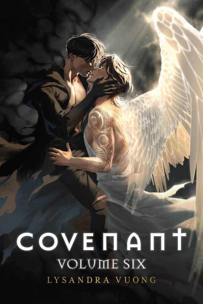 Cover art for Covenant Vol. 6 by LySandra Vuong featuring two romantic supernatural figures, one with glowing angel wings, in a dramatic dark fantasy scene.