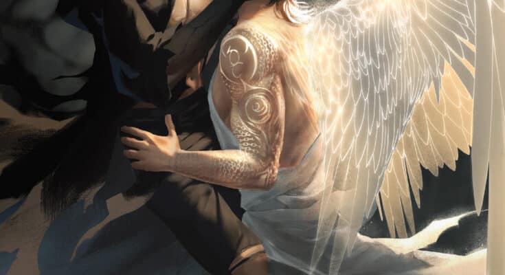 Cover art for Covenant Vol. 6 by LySandra Vuong featuring two romantic supernatural figures, one with glowing angel wings, in a dramatic dark fantasy scene.