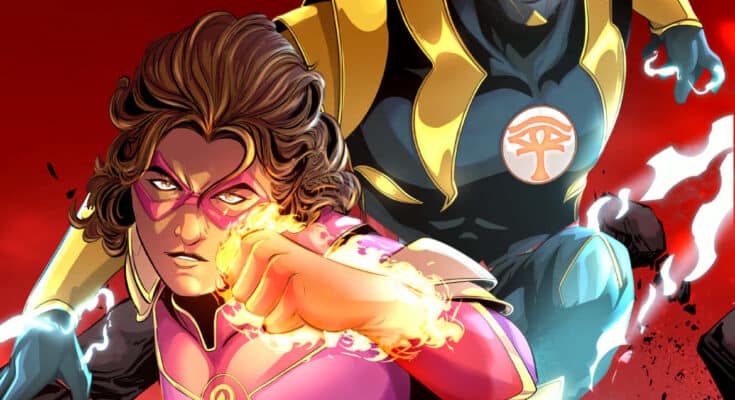 Preview art for The Twin Flames #1 from Summit Comics featuring Soraya and Nico using fire-based powers in the Summit Universe.