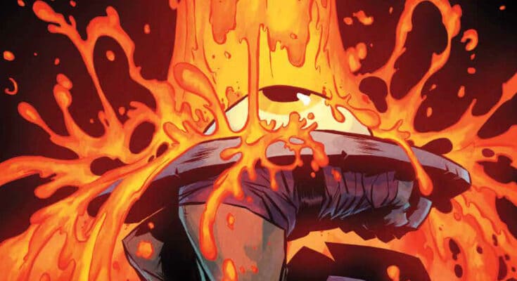 Cover art for D’orc #5 from Image Comics by Brett Bean featuring D’orc getting blasted by lava in a fantasy comedy scene.