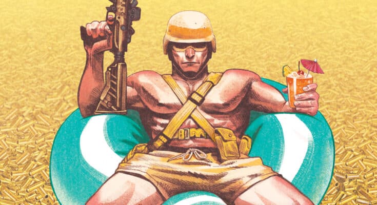 Cover art for Fort Psycho #2 from Oni Press and Flux House by Brian Hurtt featuring a lone operative standing under the bold Fort Psycho logo.