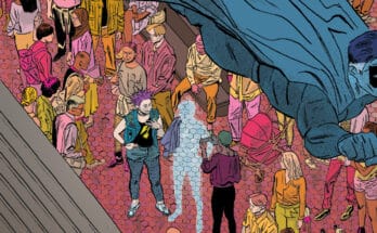 Cover art for A Ghost Arm Made of Angry Ghosts from Oni Press by Alex Diotto featuring a giant blue superhero figure above a crowded city scene with Maya and a ghostly figure below