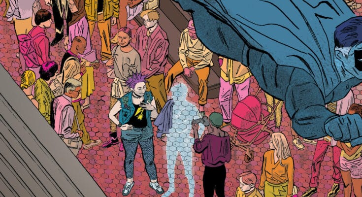 Cover art for A Ghost Arm Made of Angry Ghosts from Oni Press by Alex Diotto featuring a giant blue superhero figure above a crowded city scene with Maya and a ghostly figure below