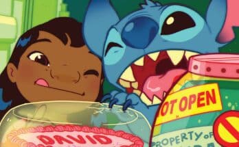Lilo and Stitch 626 #2 cover featuring Lilo and Stitch with a birthday cake and Jumba’s experiment chamber.