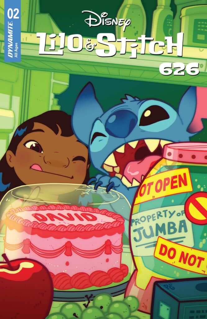 Lilo and Stitch 626 #2 cover featuring Lilo and Stitch with a birthday cake and Jumba’s experiment chamber.
