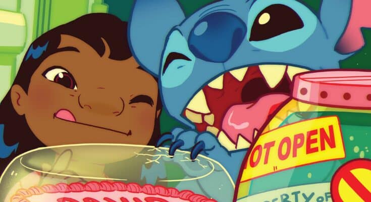 Lilo and Stitch 626 #2 cover featuring Lilo and Stitch with a birthday cake and Jumba’s experiment chamber.