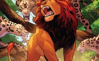 The Lion King #4 cover featuring Mufasa roaring in the jungle as leopards surround him.