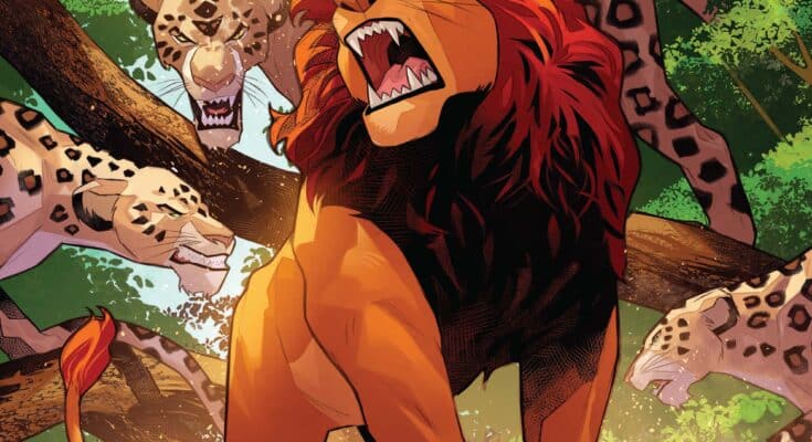 The Lion King #4 cover featuring Mufasa roaring in the jungle as leopards surround him.