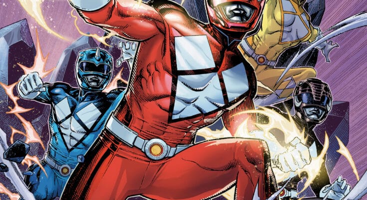 Cover art for Mighty Morphin Power Rangers (2026) #1 from BOOM! Studios featuring the original Power Rangers in action.