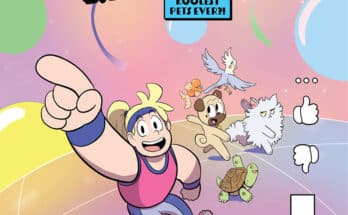 Cover art for Minnie Pouches in the MicroRealm from Top Shelf Productions and IDW Publishing featuring Minnie and her five pets racing through the colorful MicroRealm.