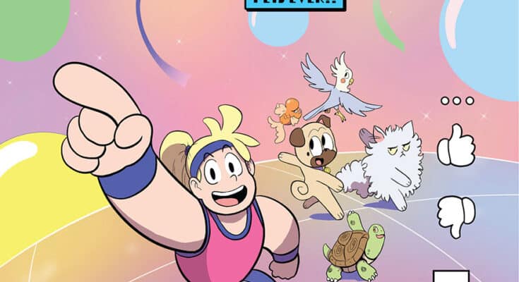 Cover art for Minnie Pouches in the MicroRealm from Top Shelf Productions and IDW Publishing featuring Minnie and her five pets racing through the colorful MicroRealm.