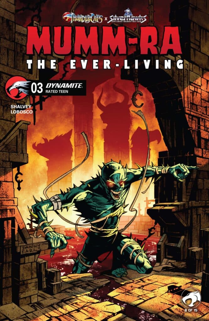 Cover art for Mumm-Ra the Ever-Living #3 from Dynamite Entertainment featuring Mumm-Ra in a ruined city with fiery shadows behind him.