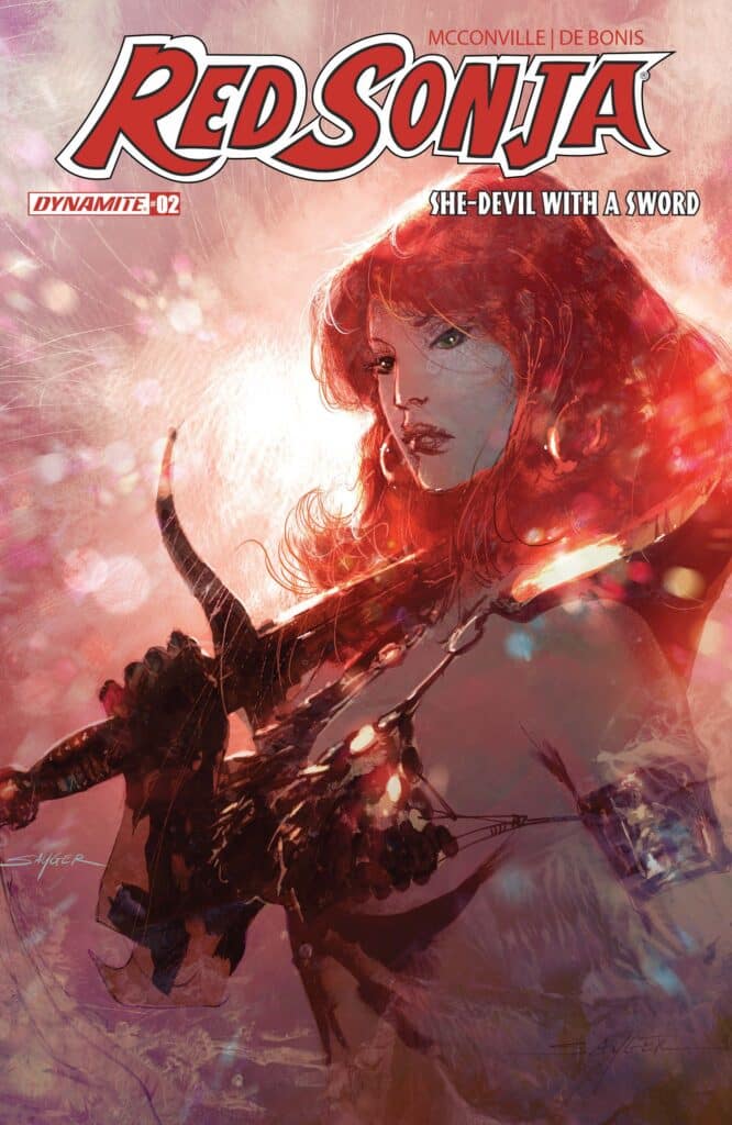 Cover art for Red Sonja #2 from Dynamite Entertainment featuring Red Sonja holding a sword against a dramatic red painterly background.