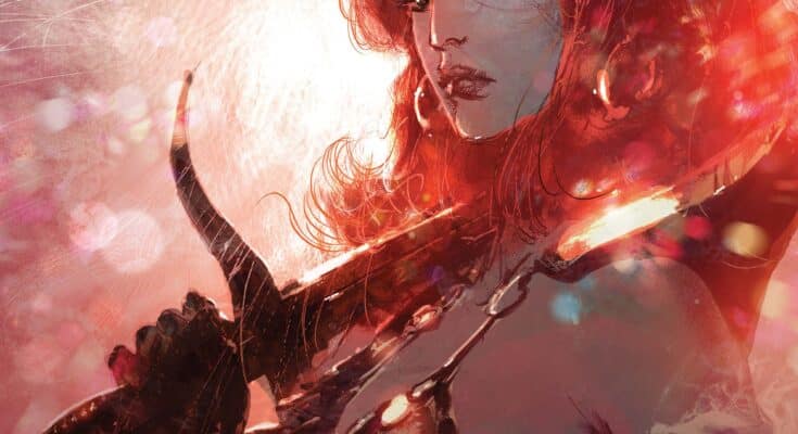 Cover art for Red Sonja #2 from Dynamite Entertainment featuring Red Sonja holding a sword against a dramatic red painterly background.