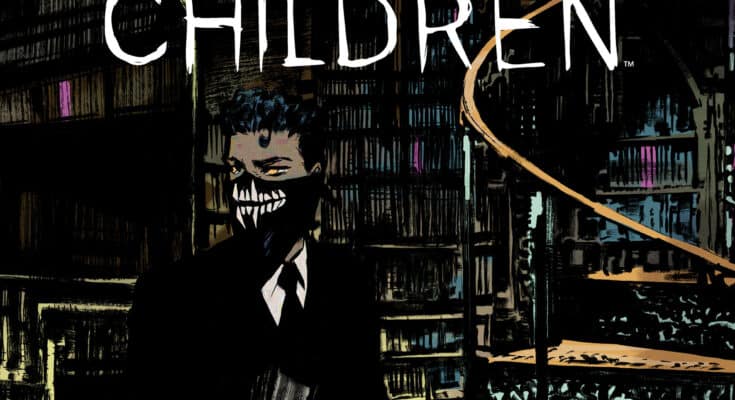 Cover art for Something is Killing the Children #48 from BOOM! Studios by Werther Dell’Edera featuring a masked figure standing inside a dark library