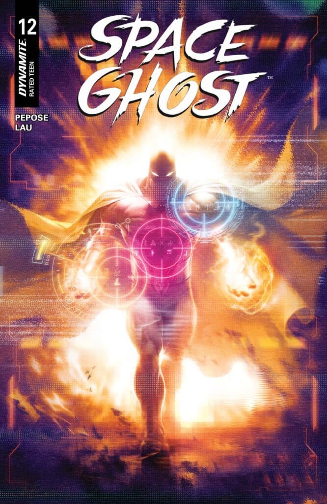 Cover art for Space Ghost Vol. 2 #12 from Dynamite Entertainment by Francesco Mattina featuring Space Ghost glowing with cosmic energy.