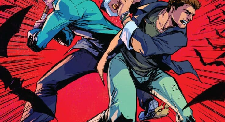Cover art for Supernatural #8 from Dynamite Entertainment featuring Sam Winchester surrounded by bats with Dean Winchester in the background.