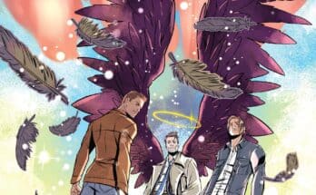 Cover art for Supernatural Special: Castiel #1 from Dynamite Entertainment by Pasquale Qualano featuring Castiel with angel wings standing between Dean and Sam.