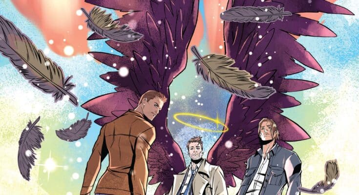 Cover art for Supernatural Special: Castiel #1 from Dynamite Entertainment by Pasquale Qualano featuring Castiel with angel wings standing between Dean and Sam.