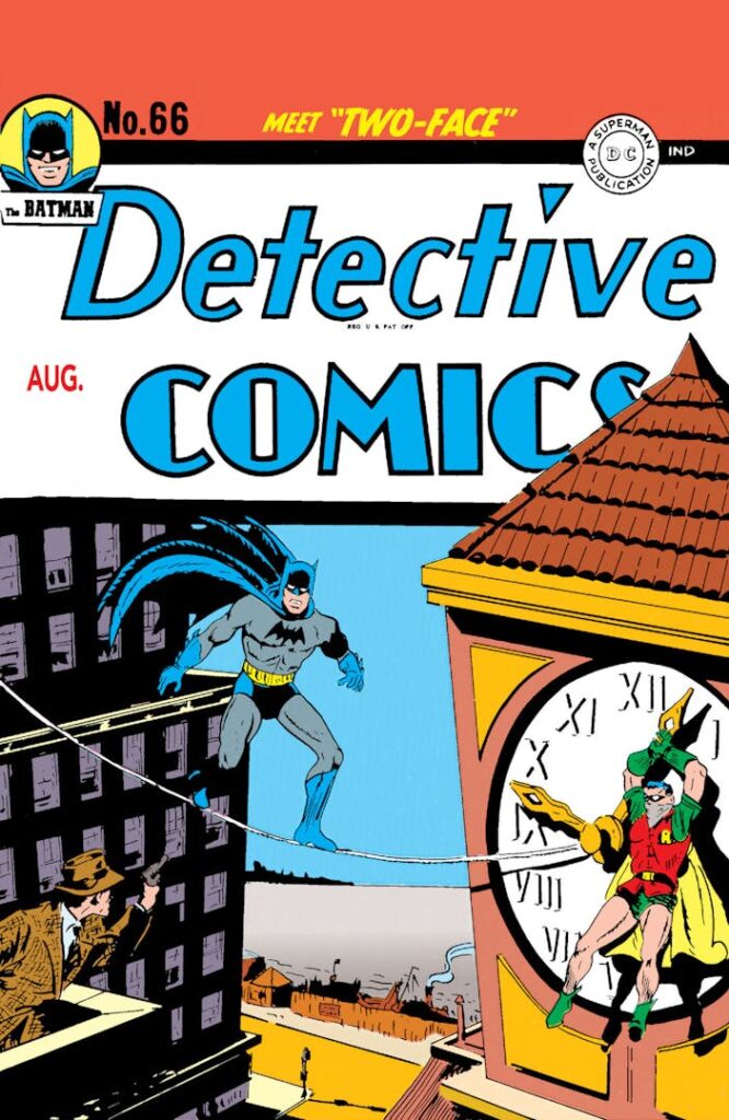 Detective Comics #66 cover featuring Batman, Robin, and the first appearance of Two-Face from DC Comics.
