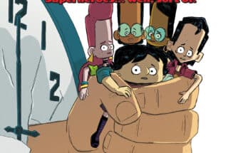 Official cover art for Comixology Originals' The Adequates #2 featuring a cartoon teen cast trapped by a giant stone clock hand.