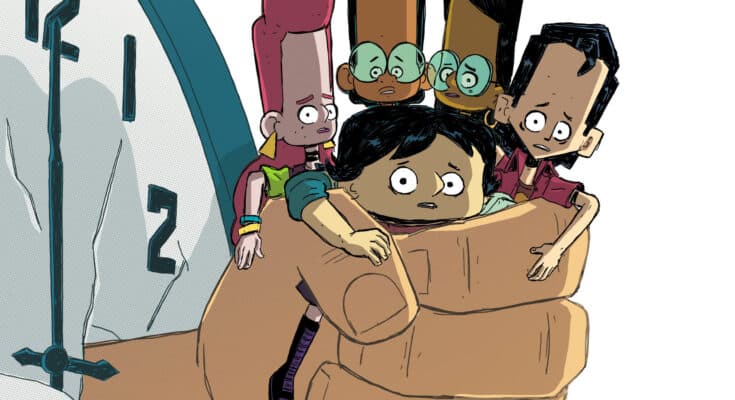 Official cover art for Comixology Originals' The Adequates #2 featuring a cartoon teen cast trapped by a giant stone clock hand.
