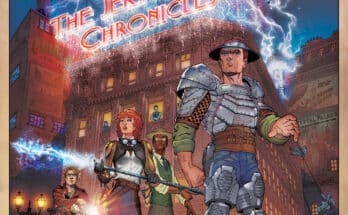 Cover art for The Jekyll Island Chronicles: Complete Trilogy from Top Shelf Productions featuring armored heroes, lightning, flying machines, and a glowing theater marquee.