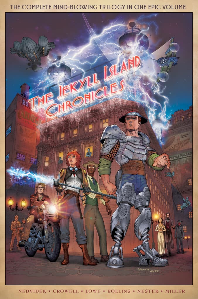Cover art for The Jekyll Island Chronicles: Complete Trilogy from Top Shelf Productions featuring armored heroes, lightning, flying machines, and a glowing theater marquee.
