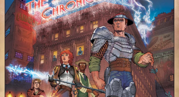 Cover art for The Jekyll Island Chronicles: Complete Trilogy from Top Shelf Productions featuring armored heroes, lightning, flying machines, and a glowing theater marquee.
