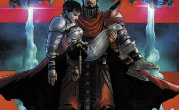 Official cover art for Comixology Originals' The Whisper War #5 featuring Axel Jindari carrying a fallen warrior over purple crystals.