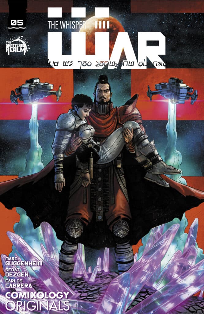 Official cover art for Comixology Originals' The Whisper War #5 featuring Axel Jindari carrying a fallen warrior over purple crystals.
