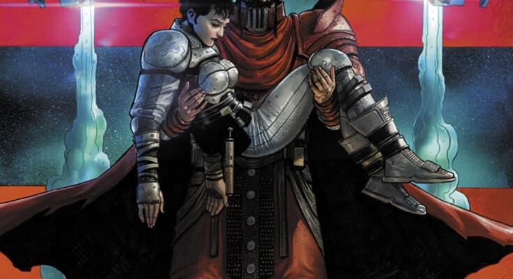 Official cover art for Comixology Originals' The Whisper War #5 featuring Axel Jindari carrying a fallen warrior over purple crystals.