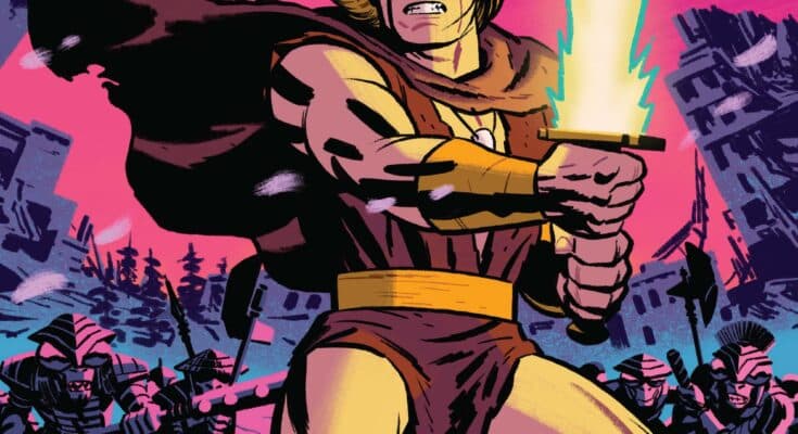 Thundarr the Barbarian #5 cover from Dynamite Entertainment featuring Thundarr holding the Sunsword in a post-apocalyptic fantasy battle.